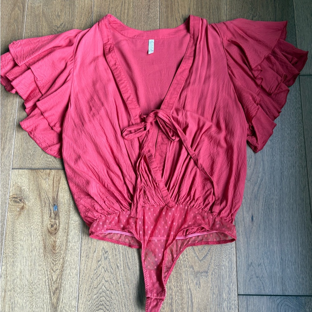 Free People coral red Ruffle Sleeve Bodysuit